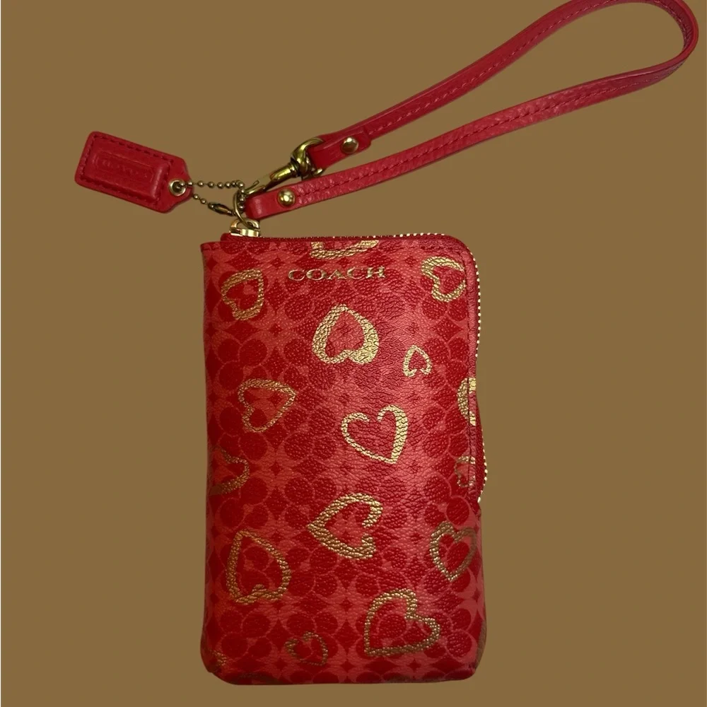 Coach Red Wristlet with Gold Heart Design - Picture 5 of 12